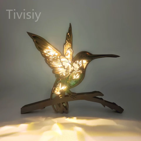 17.7 Inches Hummingbird Wood Animal Statue Lamp with Voice Control and Remote Control